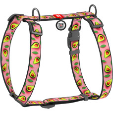 Шлея для собак анатомическая H-образная WAUDOG Nylon с QR-паспортом, рисунок "Авокадо на розовом", пластиковый фастекс, S, Ш 15 мм, A 30-40, B 30-50