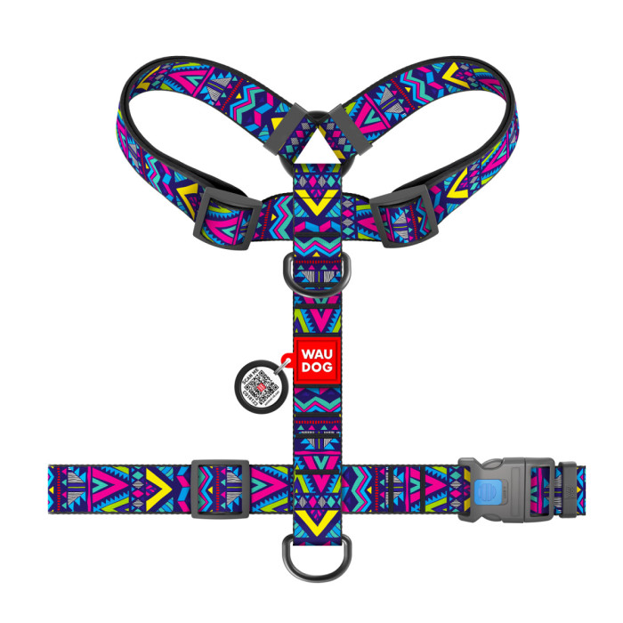 Шлея для собак анатомічна H-подібна WAUDOG Nylon з QR-паспортом, малюнок "Інді", пластиковий фастекс, XL, Ш 35 мм, А 55-95 см, В 70-110 см