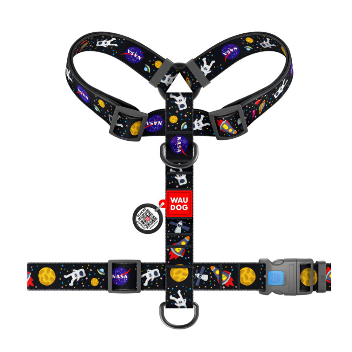 Шлея для собак анатомическая H-образная WAUDOG Nylon с QR-паспортом, рисунок "NASA", пластиковый фастекс, XL, Ш 35 мм, А 55-95 см, В 70-110 см
