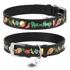 Ошейник для собак кожаный WAUDOG Design с QR паспортом, рисунок "Рик и Морти 3" черный, XS, 12 мм, 21-29 см