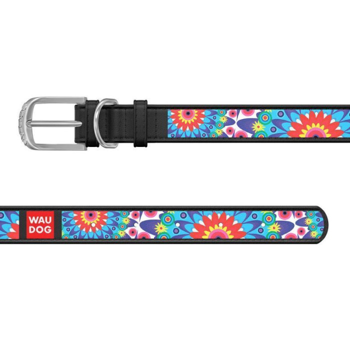 Ошейник WAUDOG Design, рисунок "Цветы" чёрный M 30-39 см