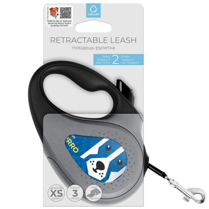 Повідець-рулетка для собак WAUDOG R-leash, малюнок "Патрон", S, до 15 кг, 5 м, стрічка, що відбиває світло.