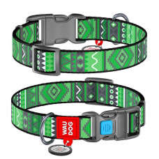 Ошейник WAUDOG Nylon с QR паспортом, рисунок "Этно зелёный", пластиковый фастекс M 28-40 см