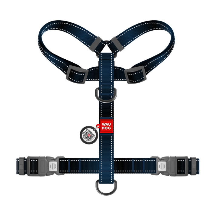 Шлея для собак анатомическая H-образная WAUDOG Nylon Mono с QR-паспортом, светоотражающая, пластиковый фастекс, размер L, Ш 25 мм, А 51-85 см, В 60-85 см, черный