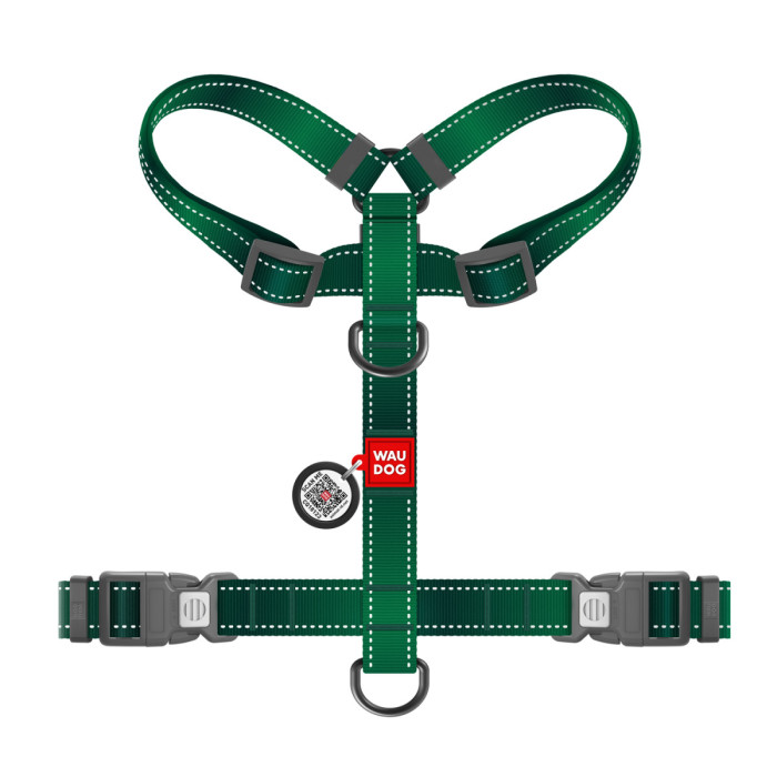 Шлея для собак анатомическая H-образная WAUDOG Nylon Mono с QR-паспортом, светоотражающая, пластиковый фастекс, размер XL, Ш 25 мм, А 60-100 см, В 68-100 см, зеленый