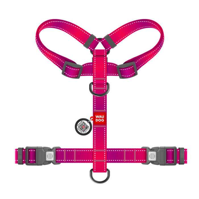 Шлея для собак анатомическая H-образная WAUDOG Nylon Mono с QR-паспортом, светоотражающая, пластиковый фастекс, размер L, Ш 25 мм, А 51-85 см, В 60-85 см, розовый