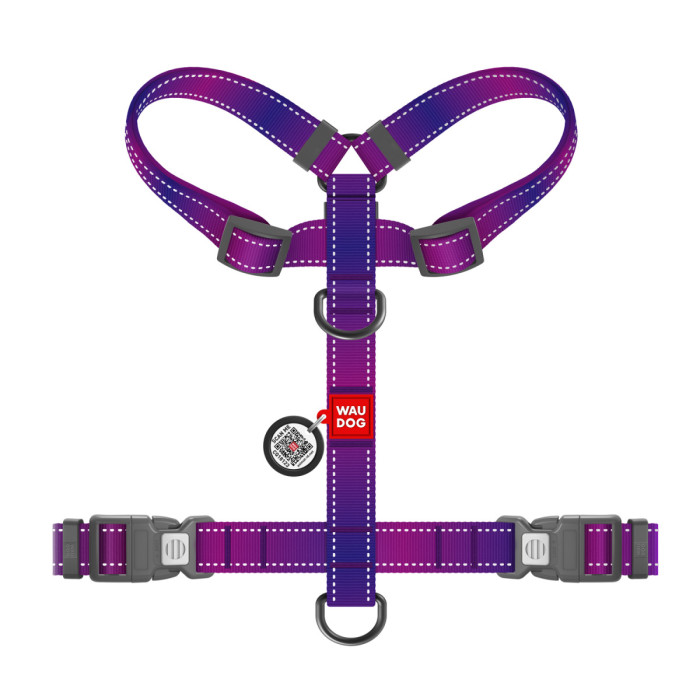 Шлея для собак анатомическая H-образная WAUDOG Nylon Mono с QR-паспортом, светоотражающая, пластиковый фастекс, размер L, Ш 25 мм, А 51-85 см, В 60-85 см, фиолетовый