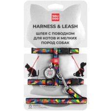 Нейлоновая шлея с поводком WAUDOG Nylon с QR паспортом, с рисунком «Витраж» для котов и мелких собак XS 25-40см