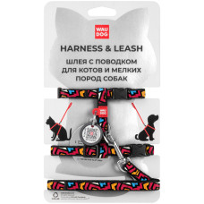 Нейлоновая шлея с поводком WAUDOG Nylon с QR паспортом, с рисунком «Граффити» для котов и мелких собак XS 25-40см