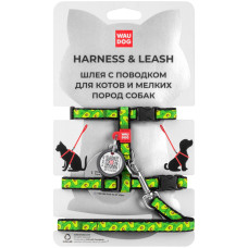 Нейлоновая шлея с поводком WAUDOG Nylon с QR паспортом, с рисунком «Авокадо» для котов и мелких собак XS 25-40см 122см