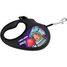 Поводок-рулетка для собак WAUDOG R-leash, рисунок "Больше космоса", светоотражающая лента, XS, до 12 кг, 3 м, черный