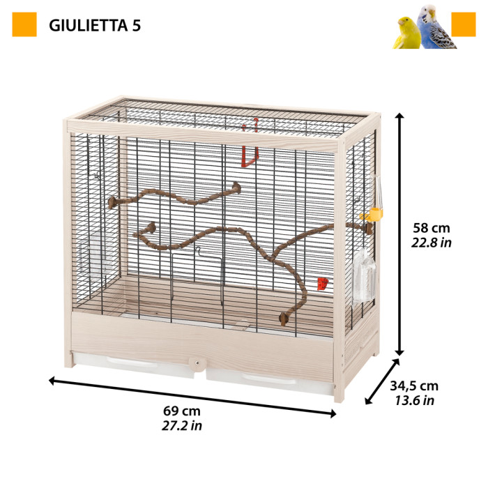Дерев'яна клітка CAGE GIULIETTA 5 BLACK для канарок та маленьких екзотичних птахів 69 x 34,5 x h 58 cm