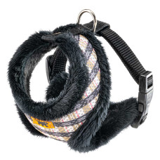 Мягкая шлейка из дышащей ткани и эко-меха для собак и кошек NIKITA FUR TARTAN, S - A: 23 cm, B: 35-49 cm, 15 mm