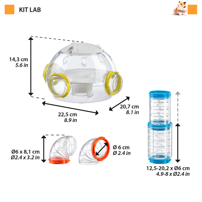 Модули для хомячкового жилья KIT LAB (комплект из 4 предметов, включая туннель для хомяка и фурнитуру, домик)