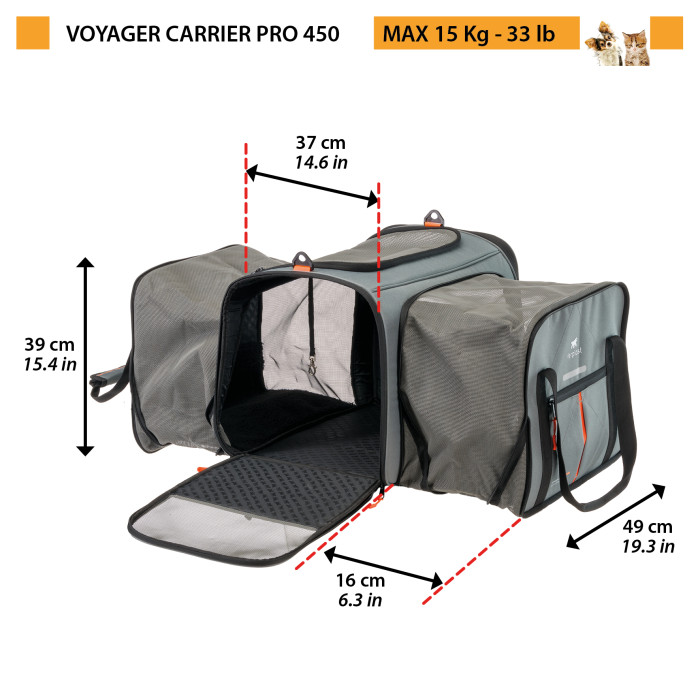 М'яка переноска VOYAGER CARRIER 450 PRO, що відкривається та розширюється, для котів та маленьких собак, сірий (50 x 39 x h 39 cm)