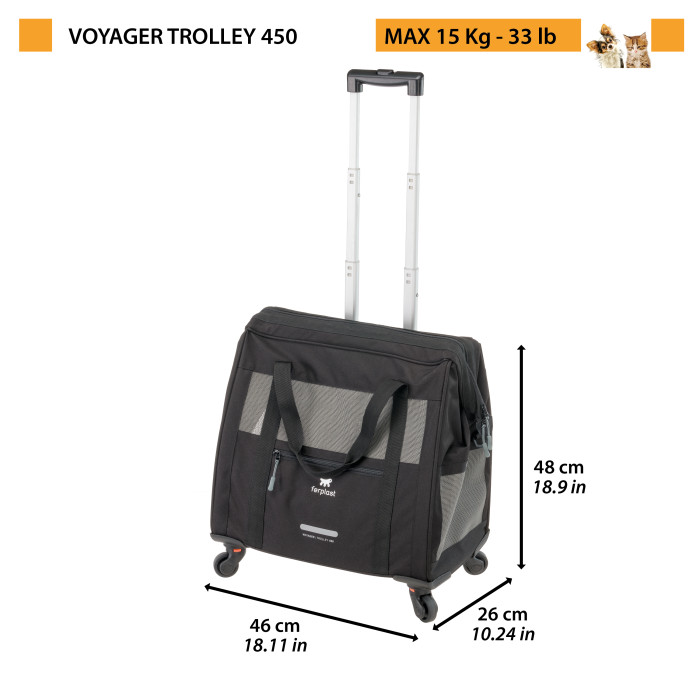 Переноска-коляска для собак и кошек VOYAGER TROLLEY 450 BLACK, нейлон (46 x 26 x h 48 cm), с телескопической ручкой и вращающимися колесами, водонепроницаемая