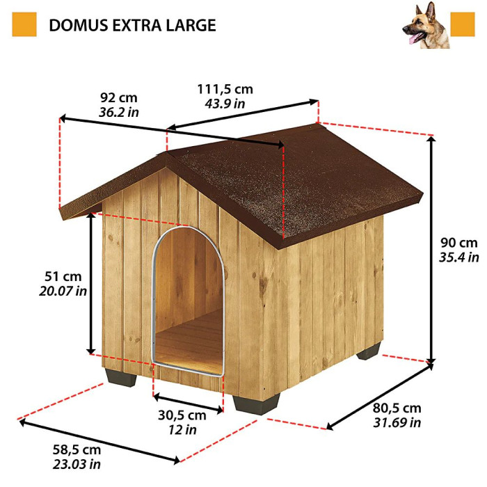 Деревянная будка для собак DOMUS EXTRA LARGE: L 65,5 x W 88,5 x H 77,5 cm