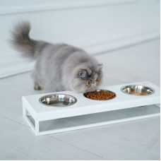 Три миски на подставке Lunch Bar White Wood + White, белое дерево с белым металом S (54x18x7cm, 0,45л)