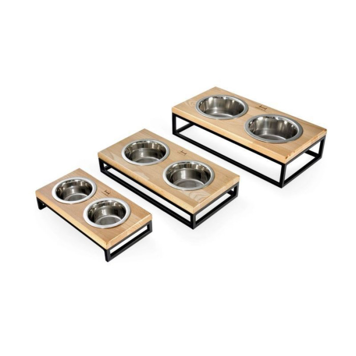 Миски на подставке Lunch Bar Wood Natural Wood + Black, натуральное дерево с черным металом XS 28x14x5см