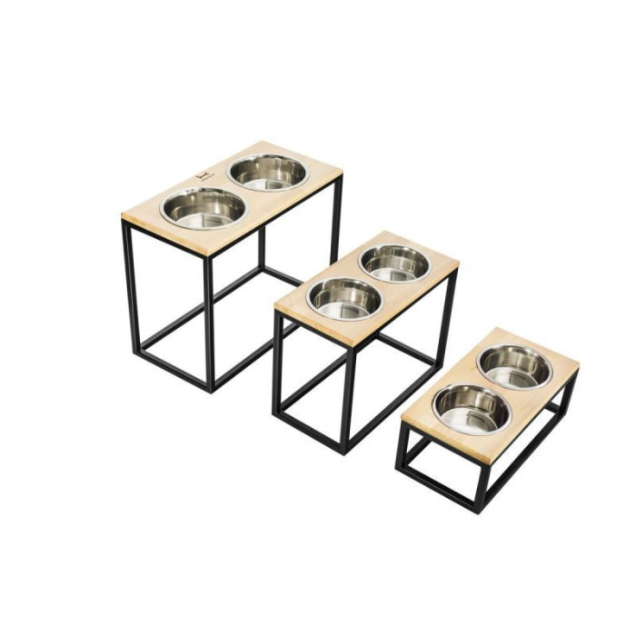 Миски на подставке Dinner Bar, натуральное дерево с черным металом