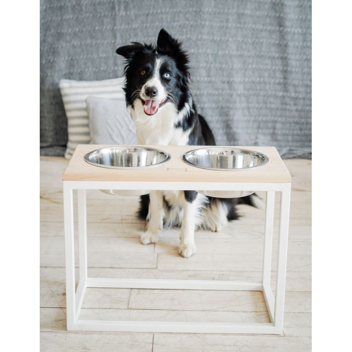 Миски на подставке Dinner Bar, натуральное дерево с белым металом