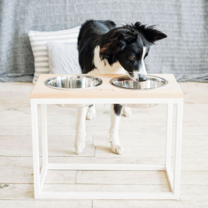 Миски на подставке Dinner Bar, натуральное дерево с белым металом