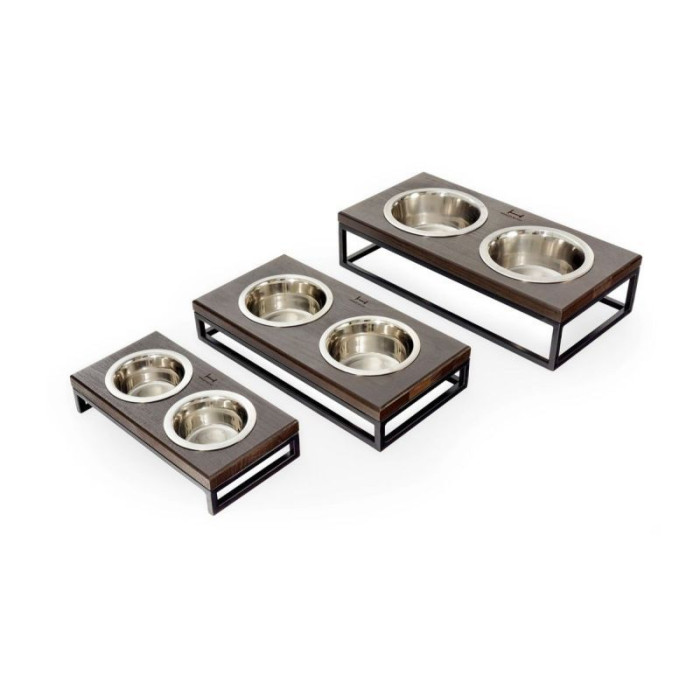 Миски на подставке Lunch Bar Wood Brown Wood + Black, коричневое дерево с черным металом XS 28x14x5см