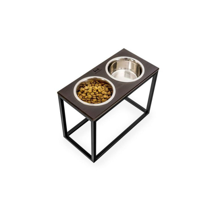 Миски на подставке Dinner Bar, коричневое дерево с черным металом