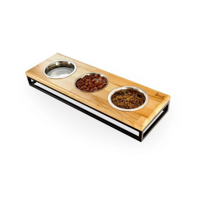 Три миски на подставке Lunch Bar Natural Wood + Black, натуральное дерево с черным металом S (54x18x7cm, 0,45л)