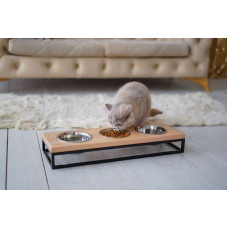 Три миски на подставке Lunch Bar Natural Wood + Black, натуральное дерево с черным металом S (54x18x7cm, 0,45л)