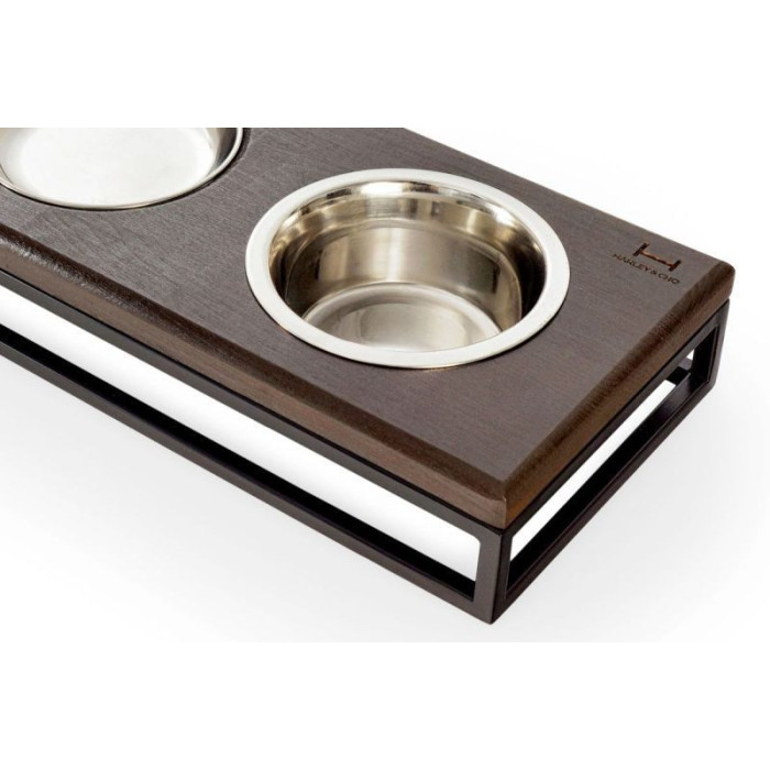 Три миски на подставке Lunch Bar Brown Wood + Black, коричневое дерево с черным металом S (54x18x7cm, 0,45л)