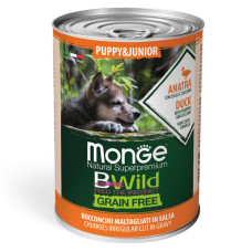 Консерви Monge Dog Bwild Grain Free Puppy & Junior, для цуценят та юніорів усіх порід, з качкою, гарбузом та цукіні - шматочки в соусі 400г