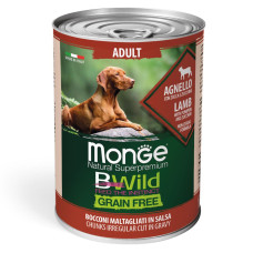 Консерви Monge Dog Bwild Grain Free Adult, для дорослих собак усіх порід, з ягнятком, гарбузом та цукіні - шматочки в соусі 400г