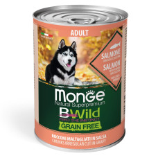 Консерви Monge Dog Bwild Grain Free Adult, для дорослих собак усіх порід, з лососем, гарбузом та цукіні - шматочки в соусі 400г