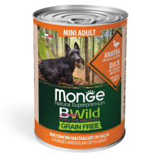 Консерви Monge Dog Bwild Grain Free Mini Adult, для дорослих собак малих порід, з качкою, гарбузом та цукіні - шматочки в соусі 400г