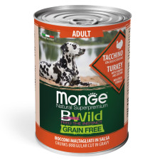 Консерви Monge Dog Bwild Grain Free Adult, для дорослих собак усіх порід, з індичкою, гарбузом та цукіні - шматочки в соусі 400г
