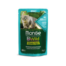 Беззернова консерва Monge Cat BWild Grain Free з тріскою та креветкою для дорослих кішок, пауч 0,085кг (шматочки)