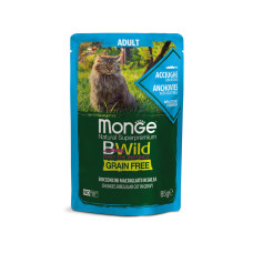 Беззернова консерва Monge Cat BWild Grain Free анчоус з овочами для дорослих кішок, пауч 0,085кг (шматочки)