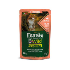 Беззерновая консерва Monge Cat BWild Grain Free с лососем и креветкой для взрослых кошек, пауч 0,85кг