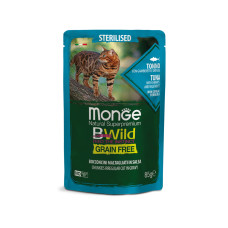 Беззернова консерва Monge Cat BWild Grain Free з тунця, креветок та овочів (зелена квасоля і морква) для стерилізованих кішок, пауч 0,85кг