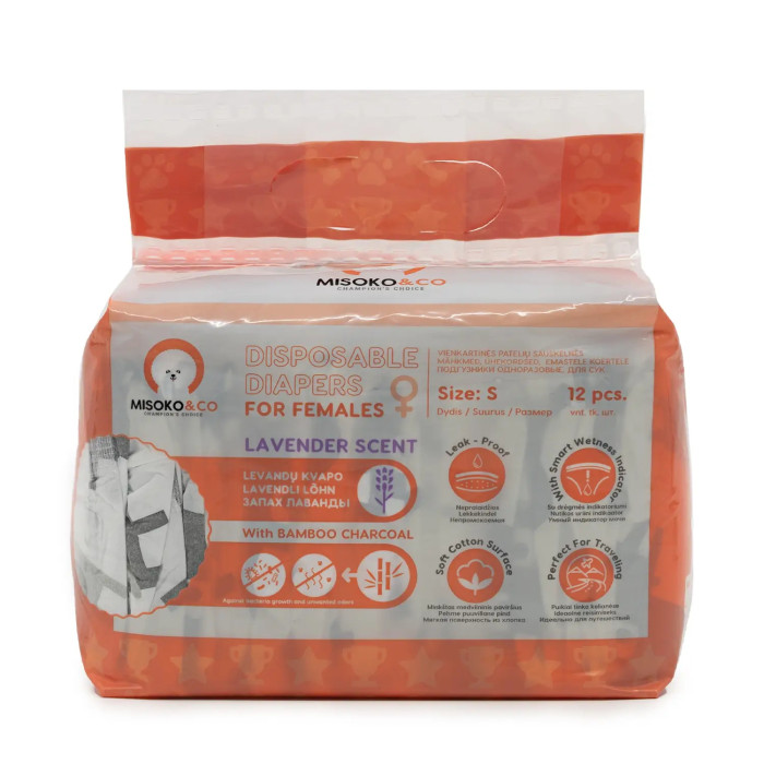Одноразовые подгузники Misoko&Co для собак-сук с углем, индикатором влажности и ароматом лаванды (щенки), S - 33-48 см (12 шт.)