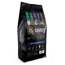 Корм Savory Adult Cat Gourmand Fresh Salmon&White Fish для взрослых длинношерстных кошек, со свежим лососем и белой рыбой, 8кг