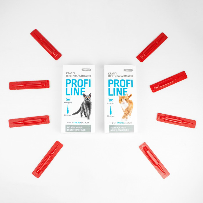 Краплі PROVET Profiline для котів 4-8 кг інсектоакарицид (проти бліх, вошей, волосоїдів та іксодових кліщів), 4 піпетки по 1 мл