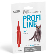 Капли PROVET Profiline для кошек до 4 кг инсектоакарицид (против блох, вшей, волосоидов и иксодовых клещей), 1 пипетка по 0,5 мл