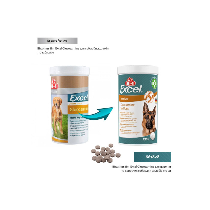 Хондропротектор 8in1 Excel Glucosamine с витамином С для поддержания здоровья и функции суставов щенков и взрослых собак, 110 таб.