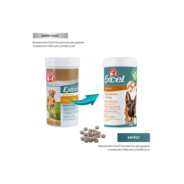 Хондропротектор 8in1 Excel Glucosamine с витамином С для поддержания здоровья и функции суставов щенков и взрослых собак, 55 таб.