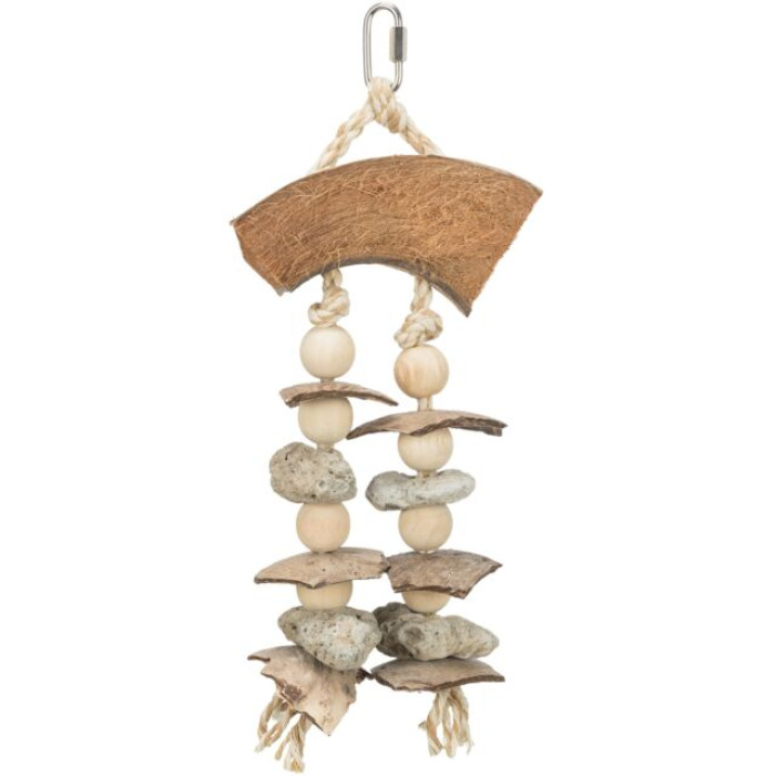 Натуральная игрушка для птиц (кокос/ракушки/дерево/люфа), 35см